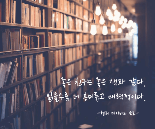 좋은 친구는 좋은 책과 같다는 친구 관련 명언이 도서관 책장을 배경으로 적혀있다.