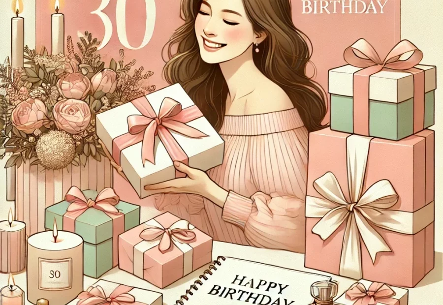 30대 여자가 생일선물을 받고 기뻐하는 모습