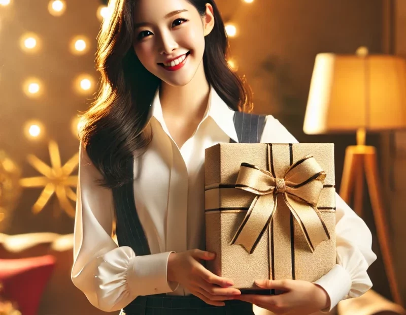 연말 선물을 들고 있는 여성 직장인의 모습