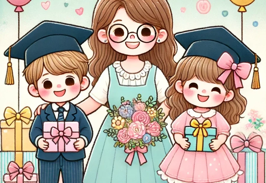 유치원 선생님, 남자아이, 여자아이가 유치원졸업식에서 선물을 받고 기뻐하는 모습