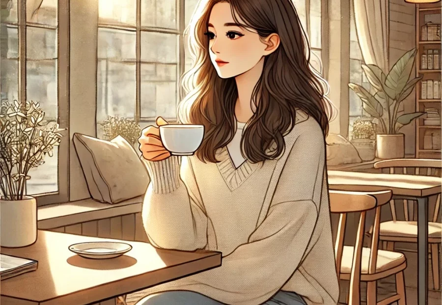 햇살이 비추는 카페에서 혼자 커피를 마시는 여성의 모습
