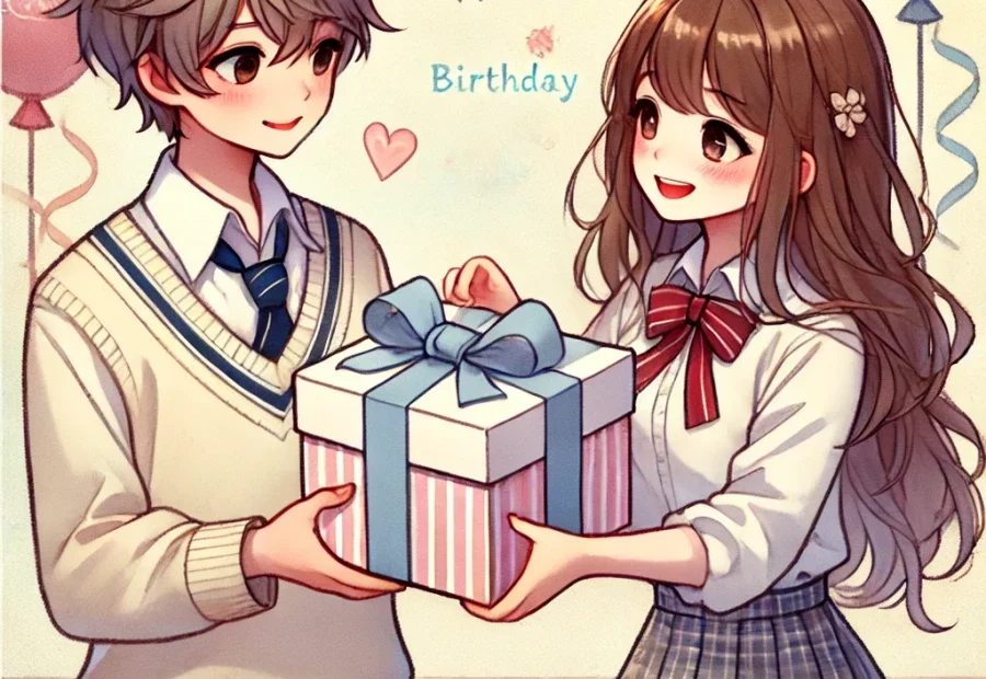 10대 친구인 여자 중학생과 남자 중학생이 생일 선물을 주고 받는 모습