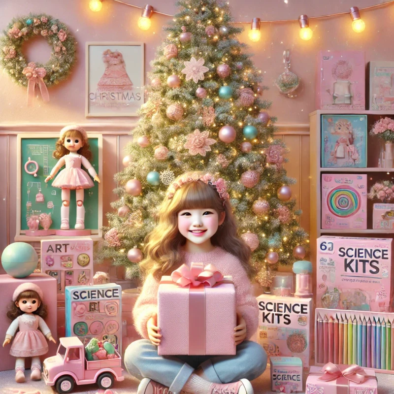 6살 여아가 크리스마스 선물을 들고 즐거워하는 모습