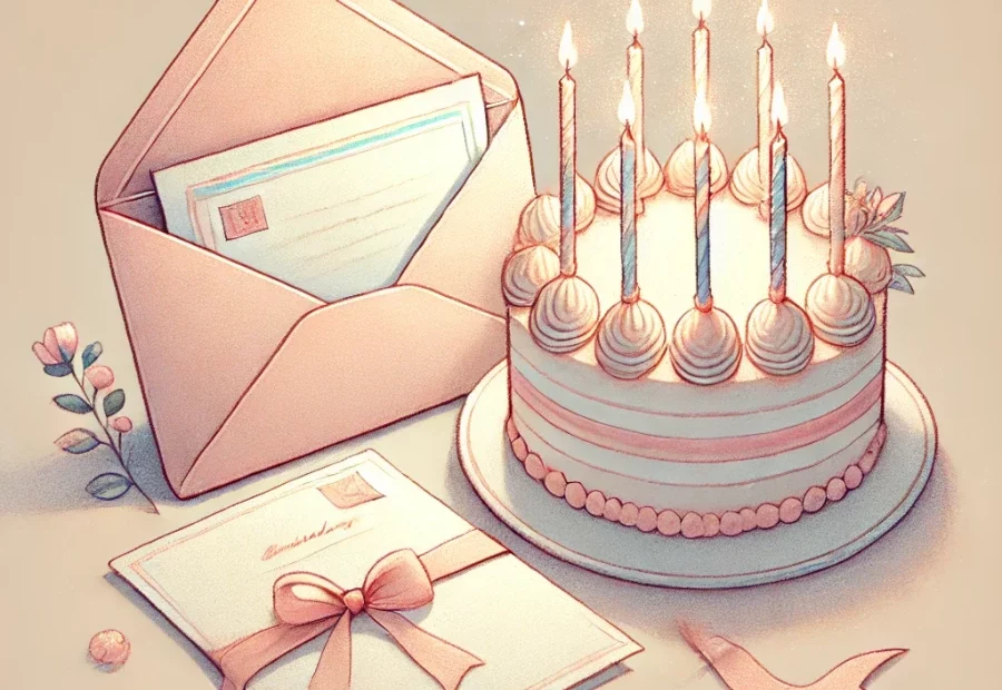 생일 축하 편지와 케이크가 놓여있다