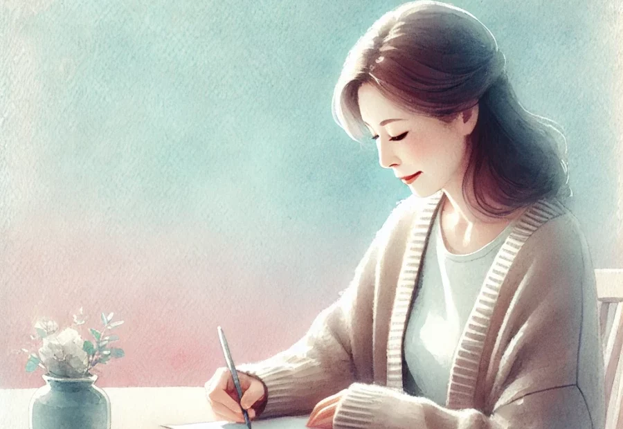 사위 생일 편지 메시지 문구를 쓰는 60대 여성의 모습