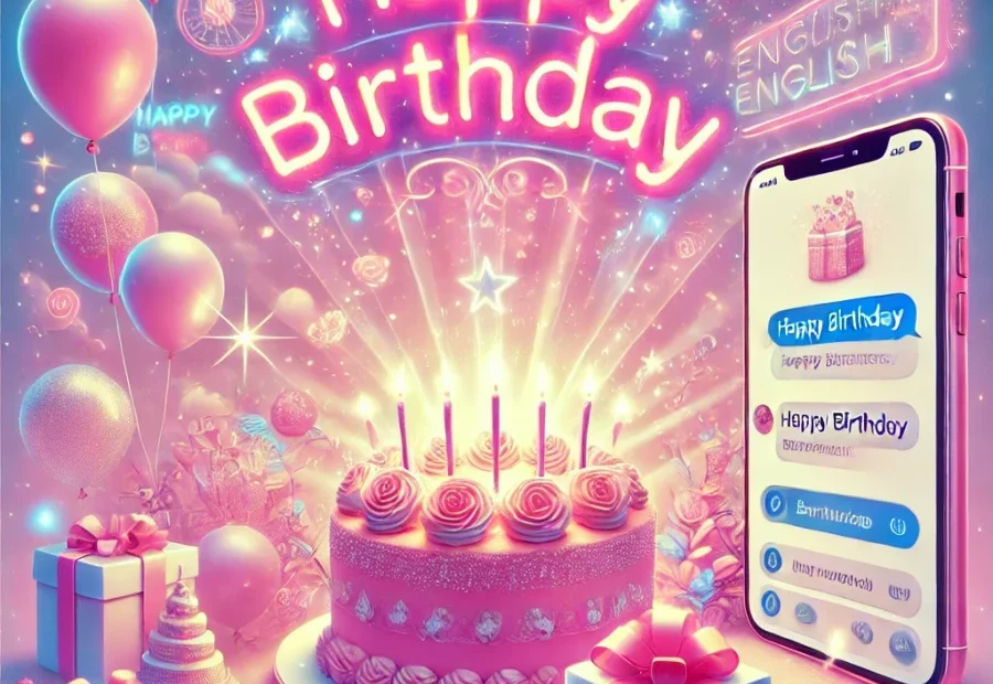 케이크와 촛불을 배경으로 반짝이는 생일 축하 메시지가 영어로 적혀있는 휴대폰 화면