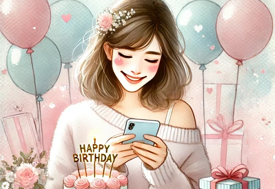 생일 축하 메시지를 카톡 문자로 받고 감동받은 여성의 모습