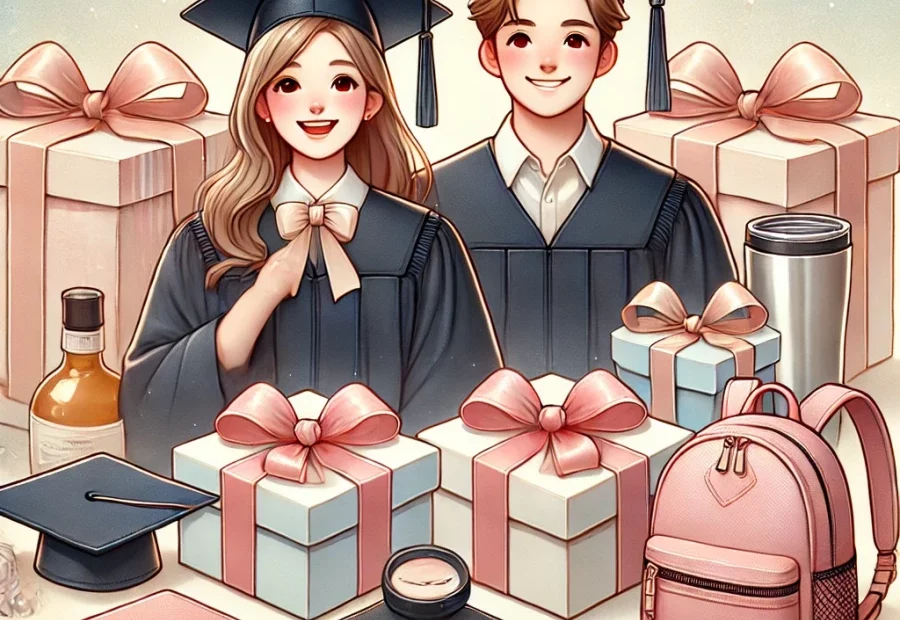 여자 남자 대학생 졸업생이 선물을 받고 좋아하는 모습