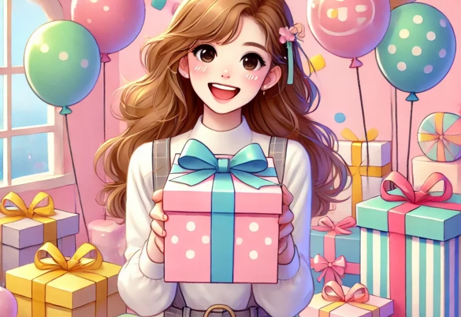 딸의 생일파티에서 선물을 받고 행복한 표정의 딸