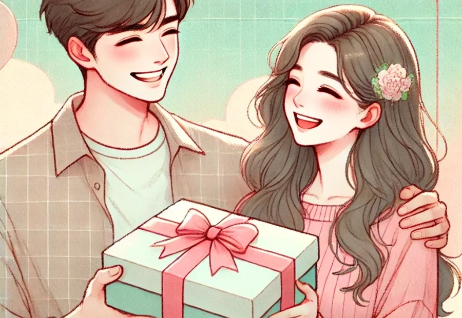 20대 친구끼리 생일 선물을 주고받으며 웃는 모습