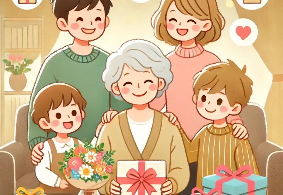 생신선물을 받고 기뻐하는 할머니와 가족들